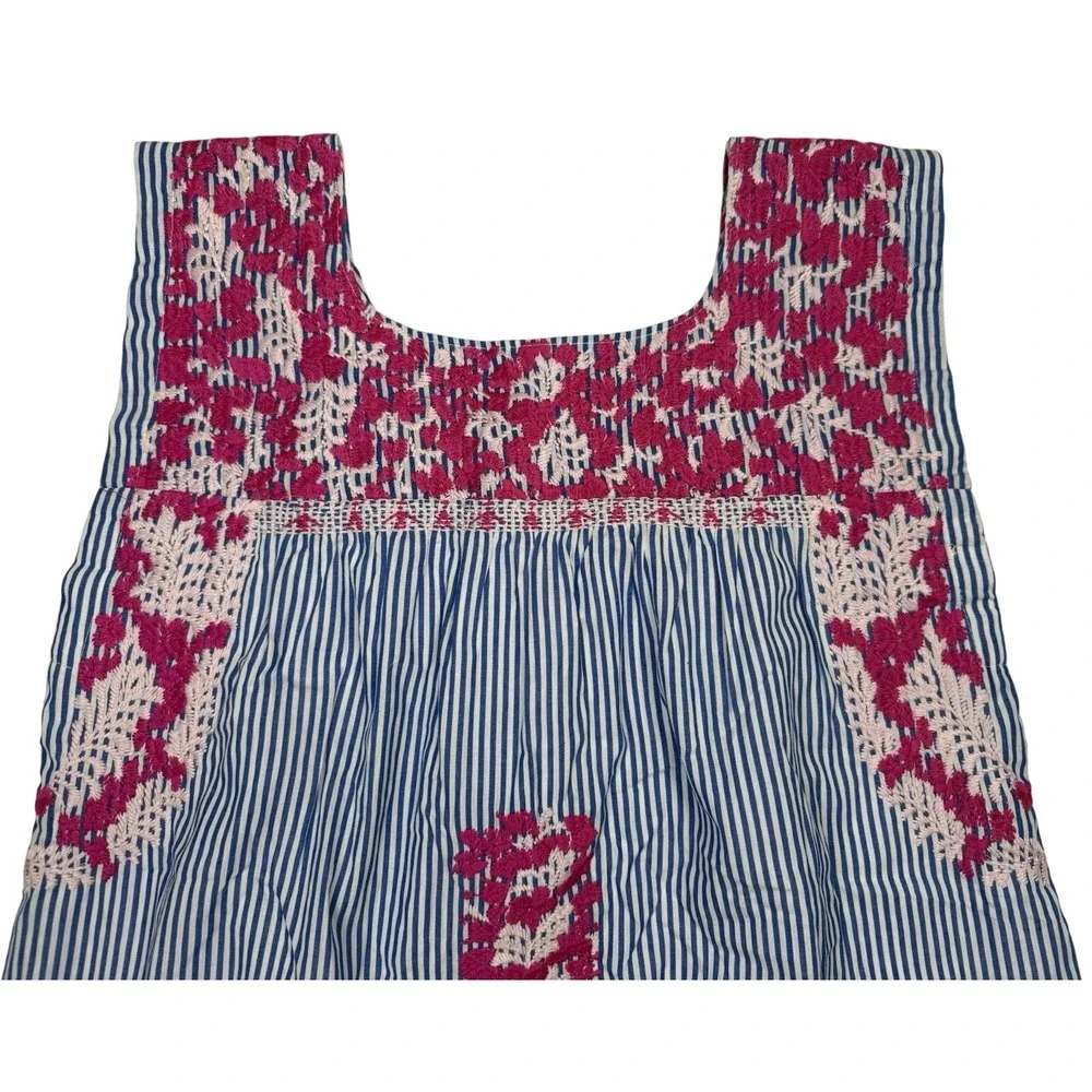 J MARIE Embroidered Top‎ Tunic Fuschia Pink Blue Pinstripes Sleeveless Floral XS - Picture 6 of 13